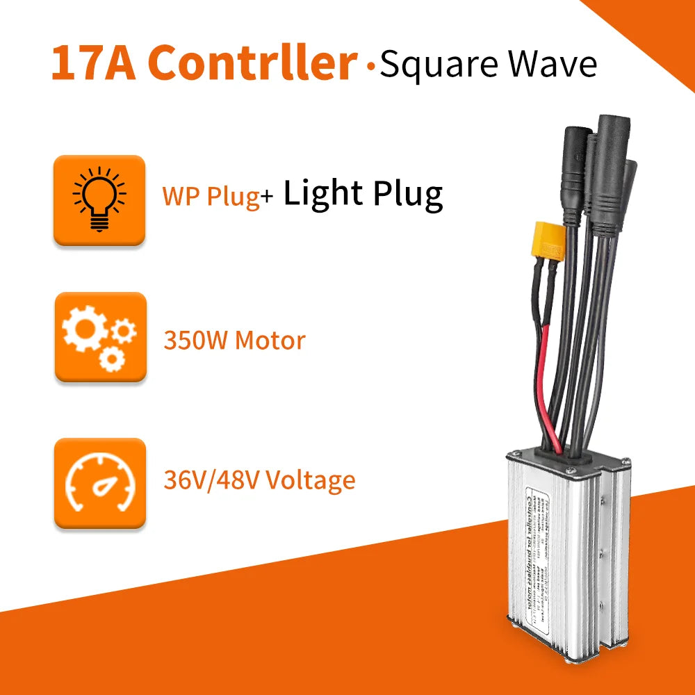Electric Bike KT Controller 36V 48V Waterproof Brushless 250W 350W 500W 1000W Ebike Accessories with Light Function 17A Squarewave