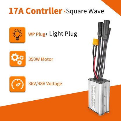Electric Bike KT Controller 36V 48V Waterproof Brushless 250W 350W 500W 1000W Ebike Accessories with Light Function 17A Squarewave