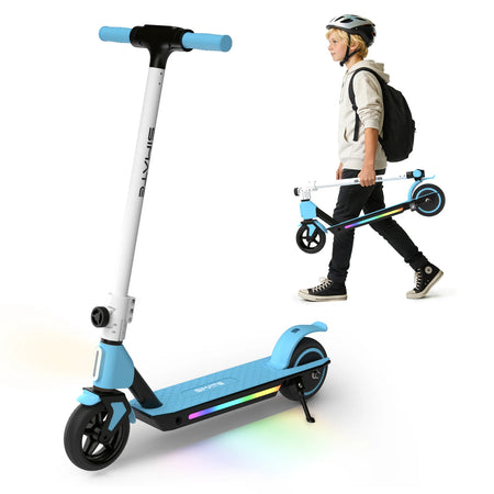 kids electric scooter full side profile view with colorful deck lights