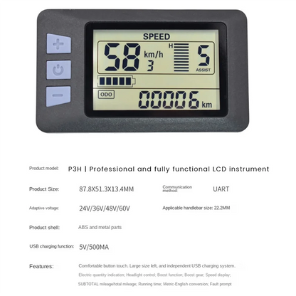 AA90 P3H LCD Display Meter Dashboard 24V 36V 48V 60V Electric Bike Meter Display Panel for Electric Scooter(5PIN)