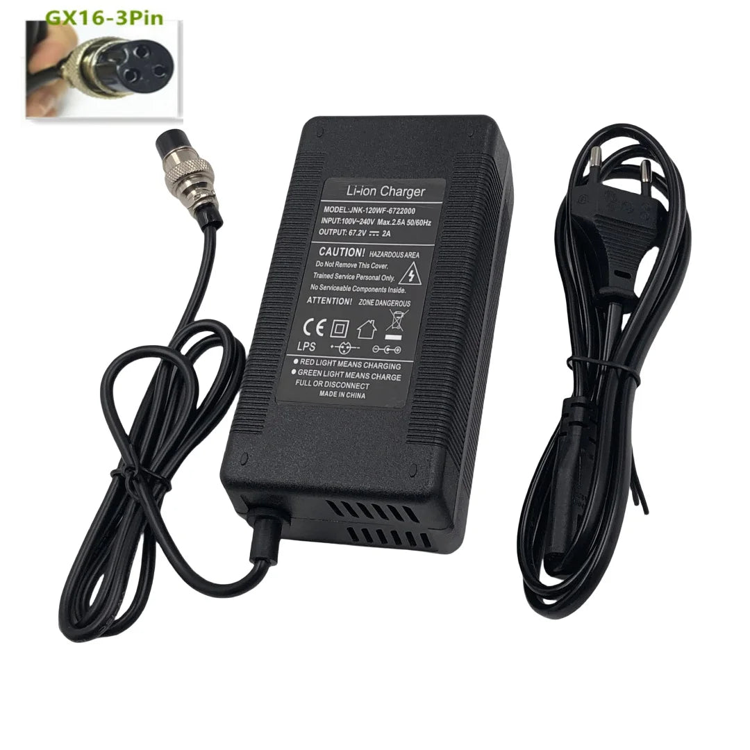 60V Charger 2A Output 67.2V/2A Charger For Wheelbarrow Harley Citycoco 16S 60V lithium Battery GX16 Connector with Fan 100-240V