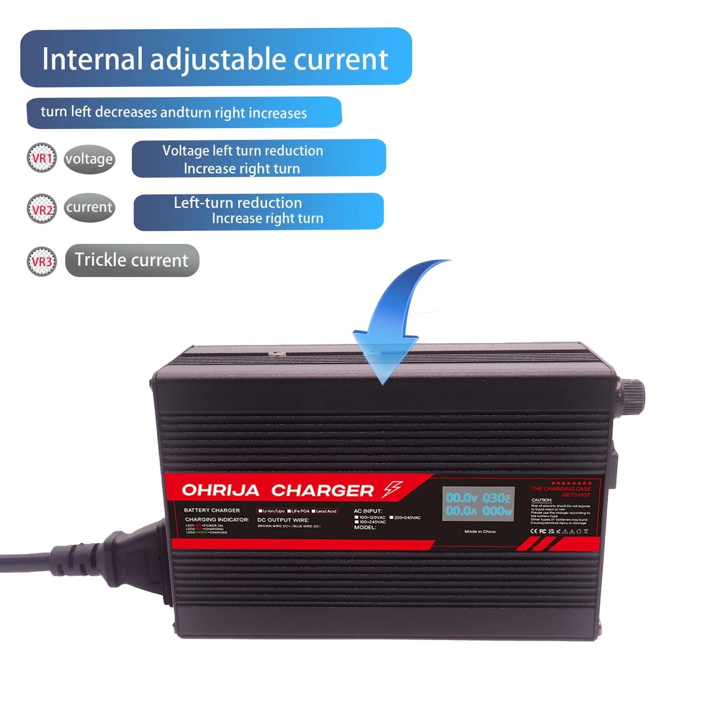 OHRIJA 67.2V 4A Lithium Battery Fast Charger with OLED Display & Interchangeable Connector Fast stabilization with cooling fan
