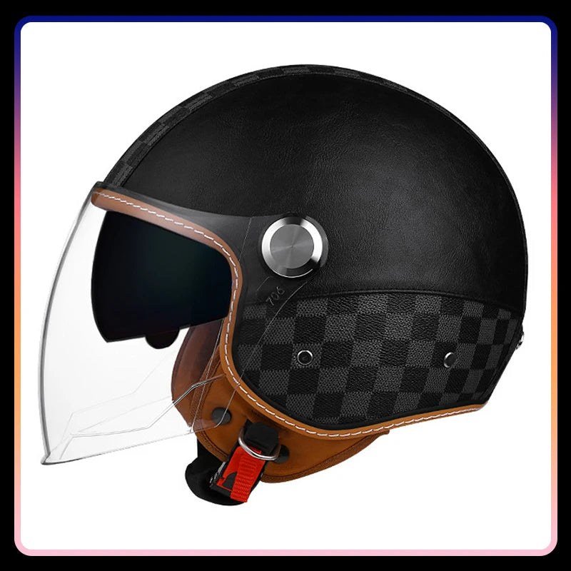 Motorcycle Helmet Handmade Leather Men Women Open Face Helmet Double Visor Jet Helmets