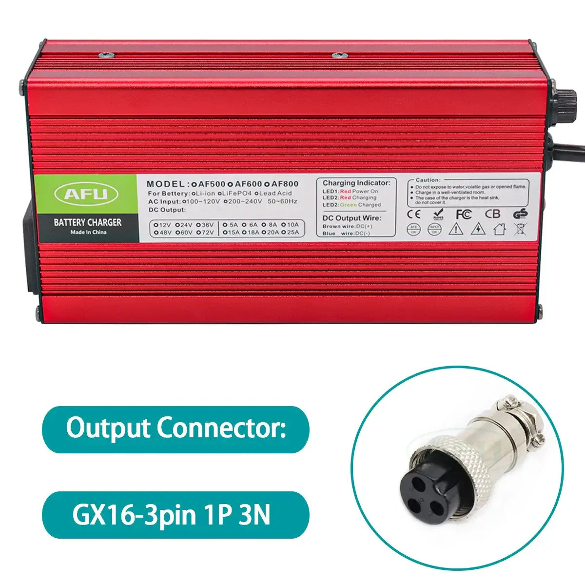 AFU 84V 5A Smart Lithium Charger for 72V/74V 20S Li-ion & Lipo Battery with GX16-3pin Connector