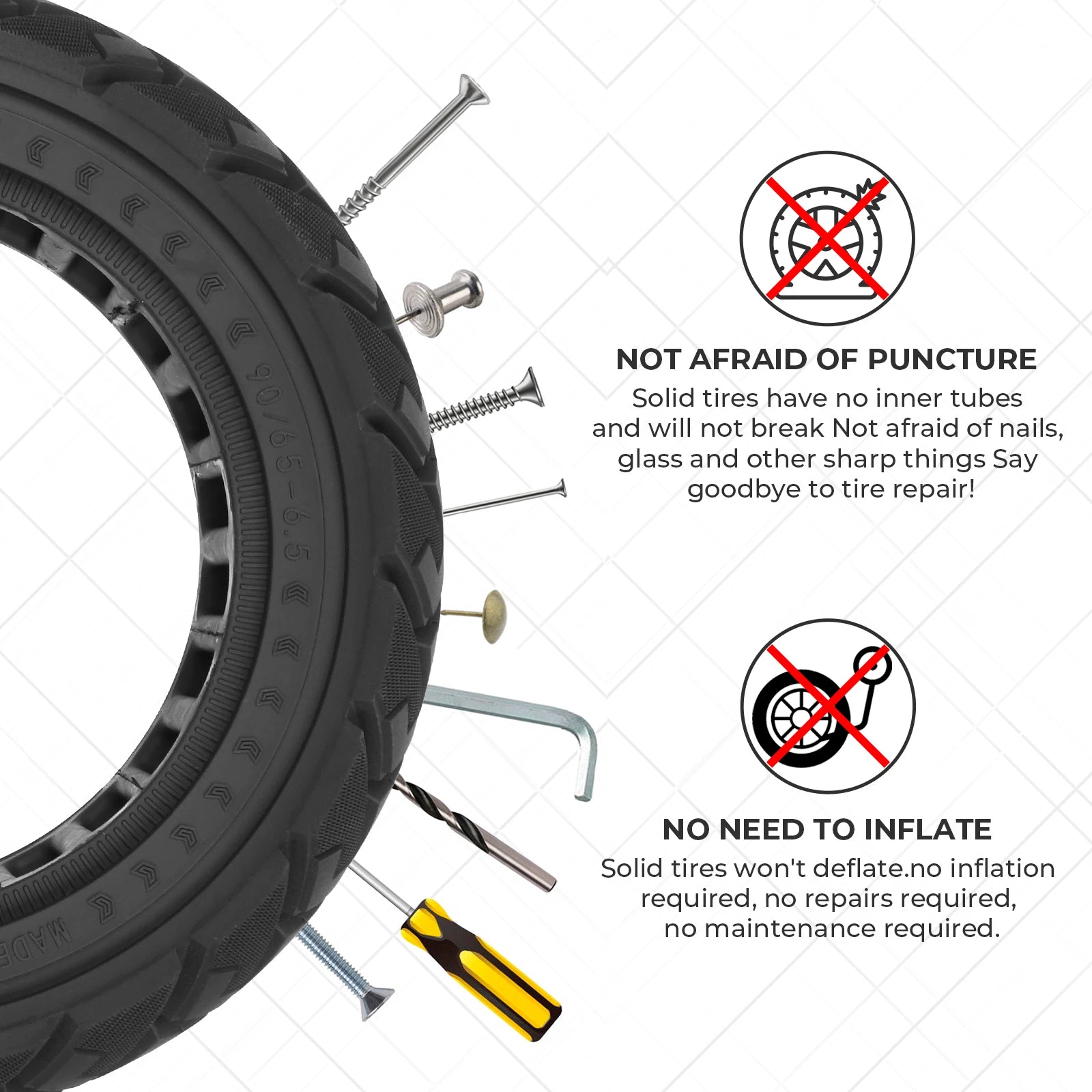 90/65-6.5 Solid Tire All Terrain Thickened Wear-resistant Tubeless Tire for Dualtron /Kaabo /Speedual Electric Scooters