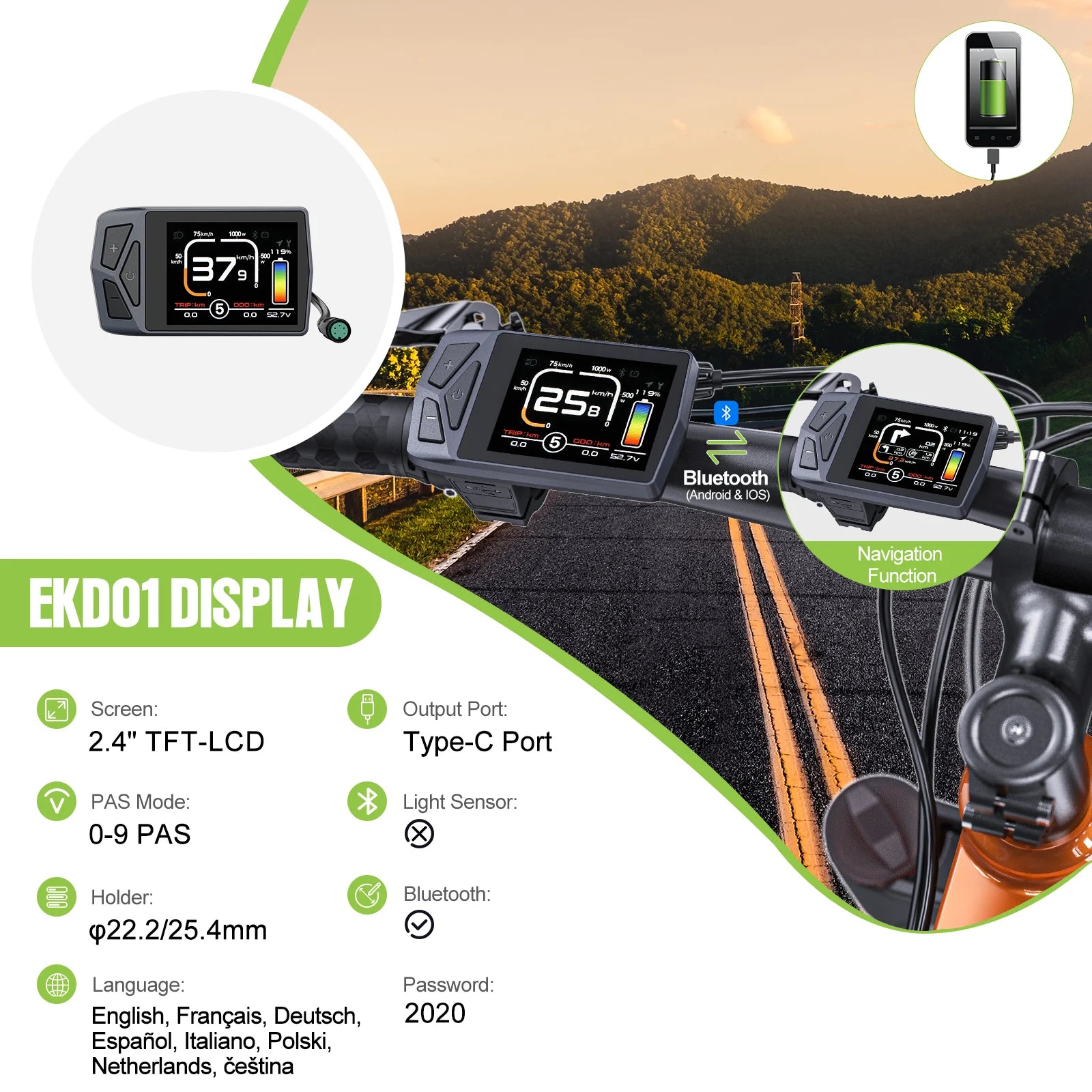 EKD01 Bluetooth Navigation Display 8 Languages LCD Ebike Computer For BAFANG Electric Bike Motor Kit Intelligent Controller