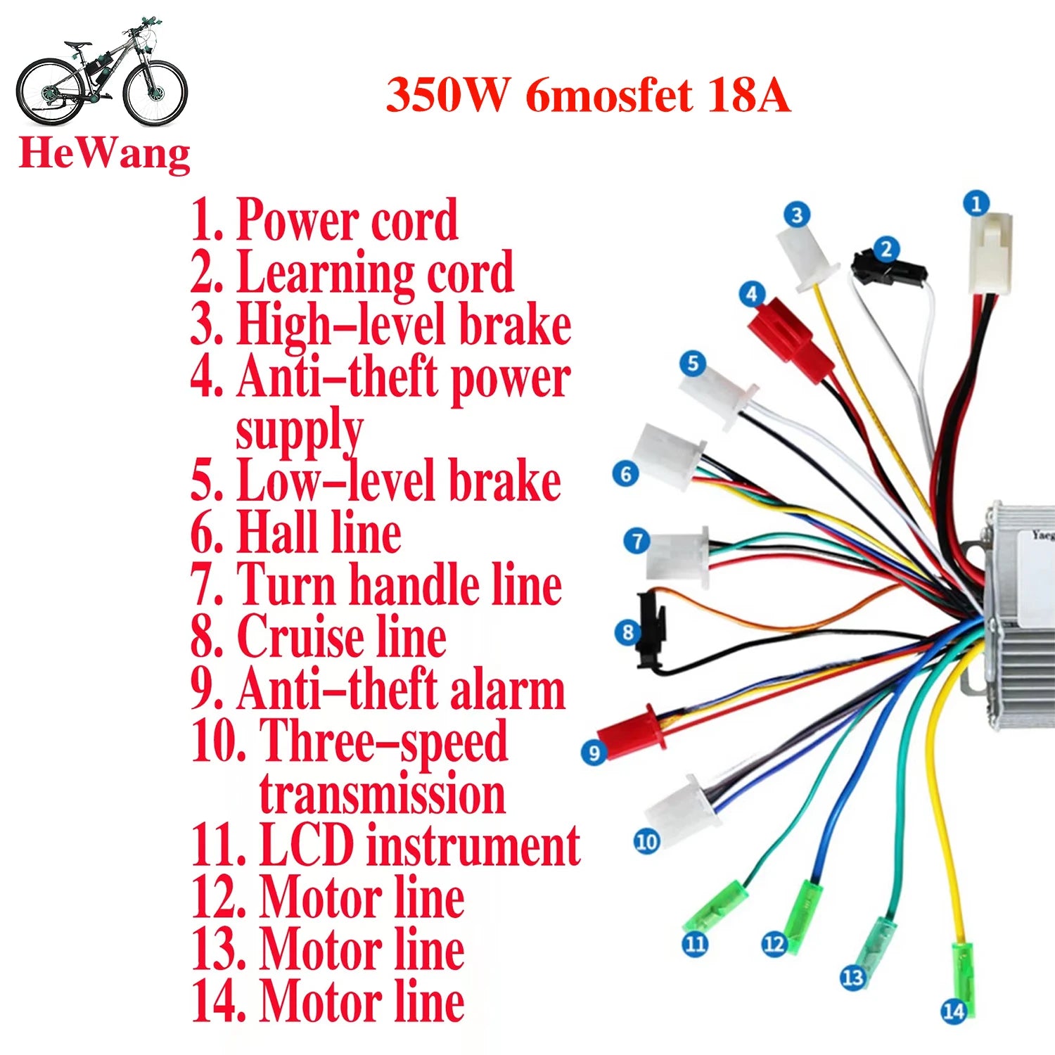 350W/450W/500W/800W three-mode sine wave controller 48V/52V/64V e-bike brushless motor controller 18A/25A/33A/30A for e-scooters
