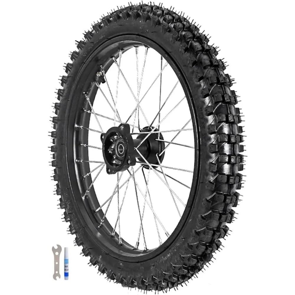 Close up of aggressive knobby tread on 70/100-17 front pit bike wheel