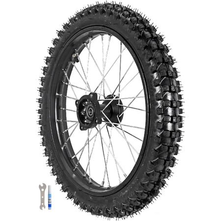 Close up of aggressive knobby tread on 70/100-17 front pit bike wheel