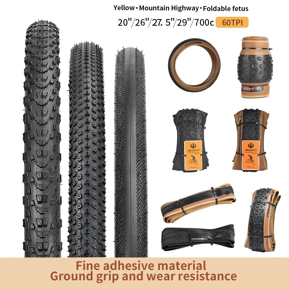 TANKE MTB Bicycle JILUER Foldable Gravel Tire Black/Yellow 60TPI Road BICYCLE Tire 26×2.25/27.5×2.1/2.2/29×2.2/700×25C/20×1.35