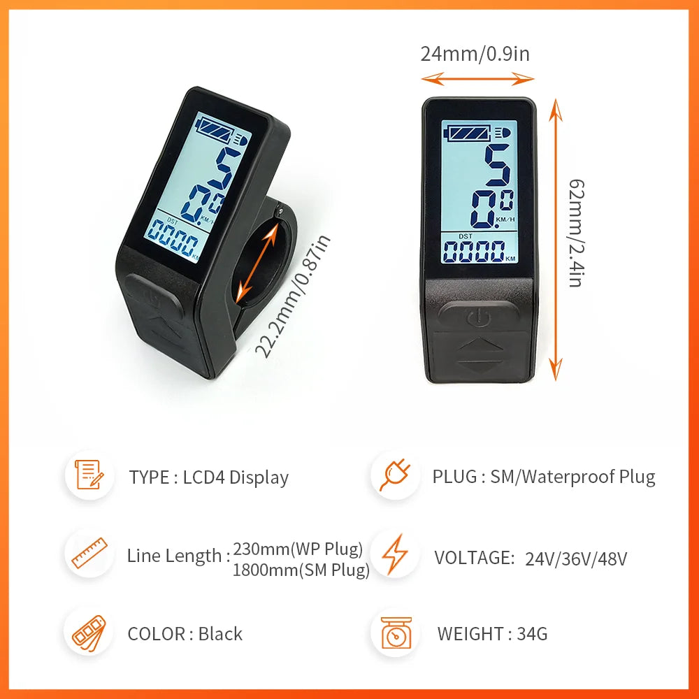 Ebike Display KT LCD4 Smart 24V 36V 48V Ebike LCD led SM/Waterproof Plug Display For Electric Bicycle Conversion Kit