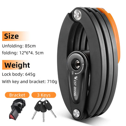 WEST BIKING Foldable Bicycle Lock Anti-theft High Security MTB Road Bike Chain Cable Padlock Durable Portable Cycling Accessory