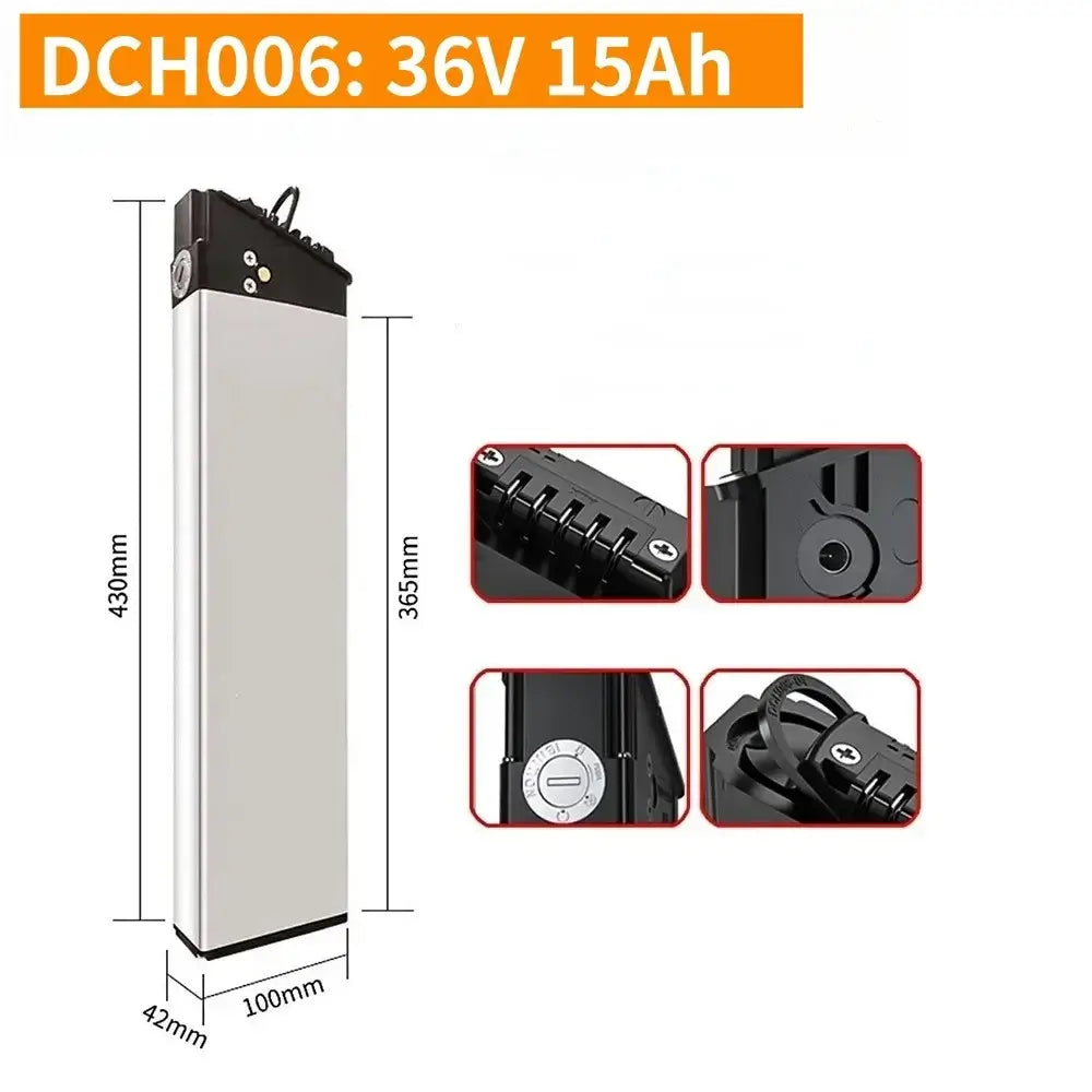 DCH-003/006/009 E-Bike Battery 36V 48V 52V (10Ah-17Ah) 350W-1000W shown in the image with dimensions and features.