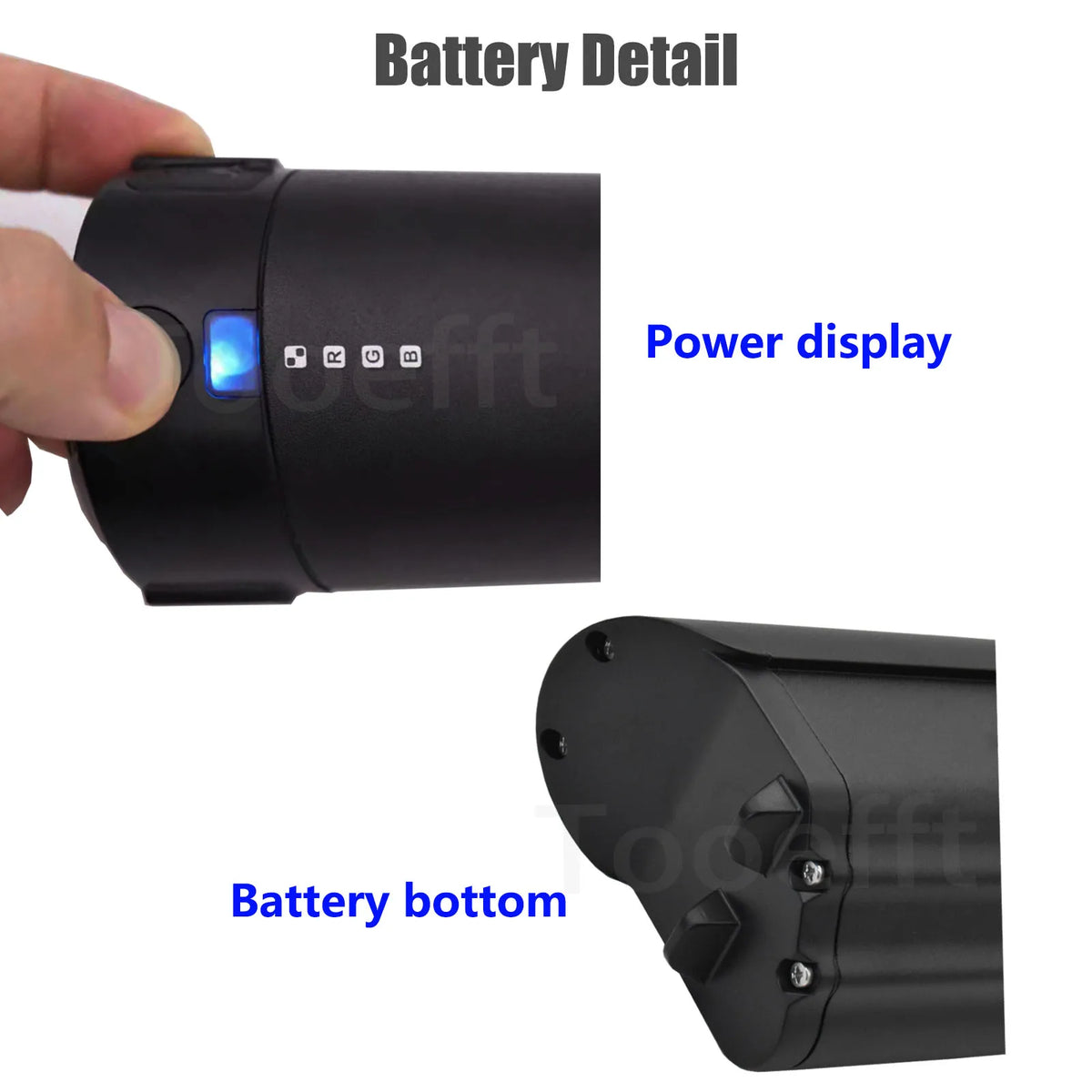 Close-up of discharge terminal and power button on Ride1UP compatible battery