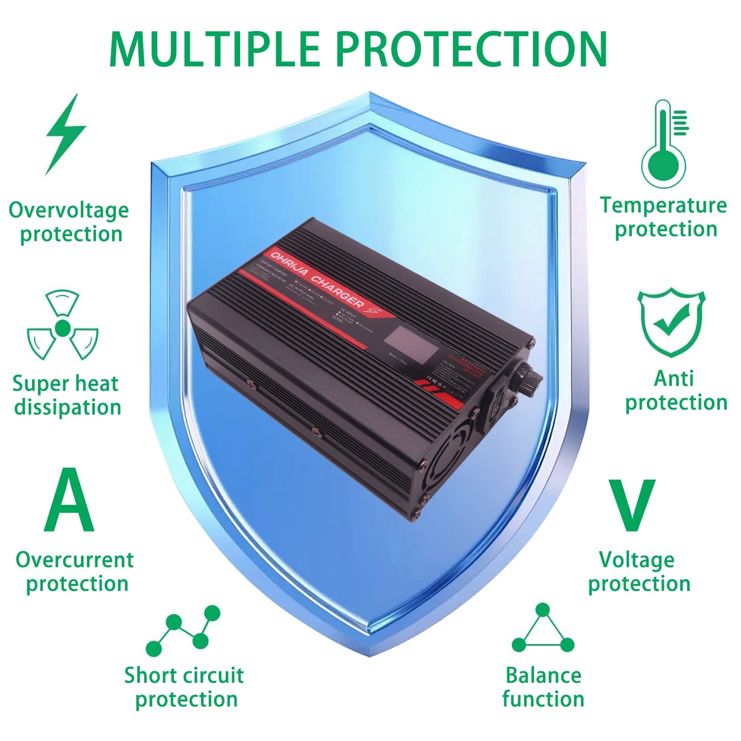 OHRIJA 67.2V 4A Lithium Battery Fast Charger with OLED Display & Interchangeable Connector Fast stabilization with cooling fan