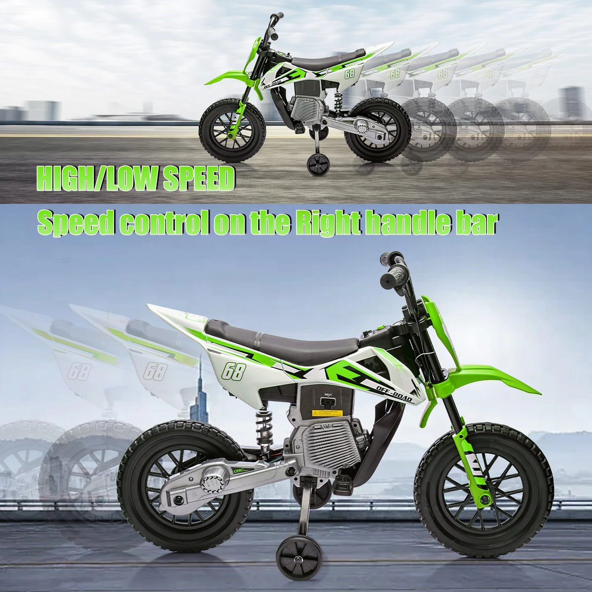 close up of removable training wheels on kids dirt bike