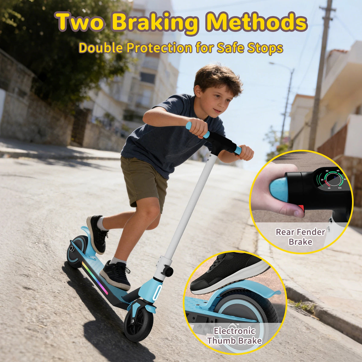 vibrant glowing LED deck lights on kids electric scooter