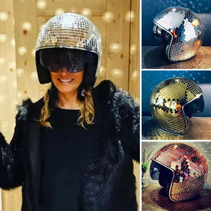 Disco Ball Helmet With Retractable Helmet Glitter Mirror Glass Disco Ball Hat For DJ Club Stage Bar Party Wedding