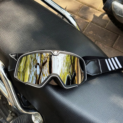 Motorcycle Glasses Windproof Motorcycle Helmet Glasses Sunglasses Retro Universal Leather Retro Motorcycle Accessories BZ-Silvery