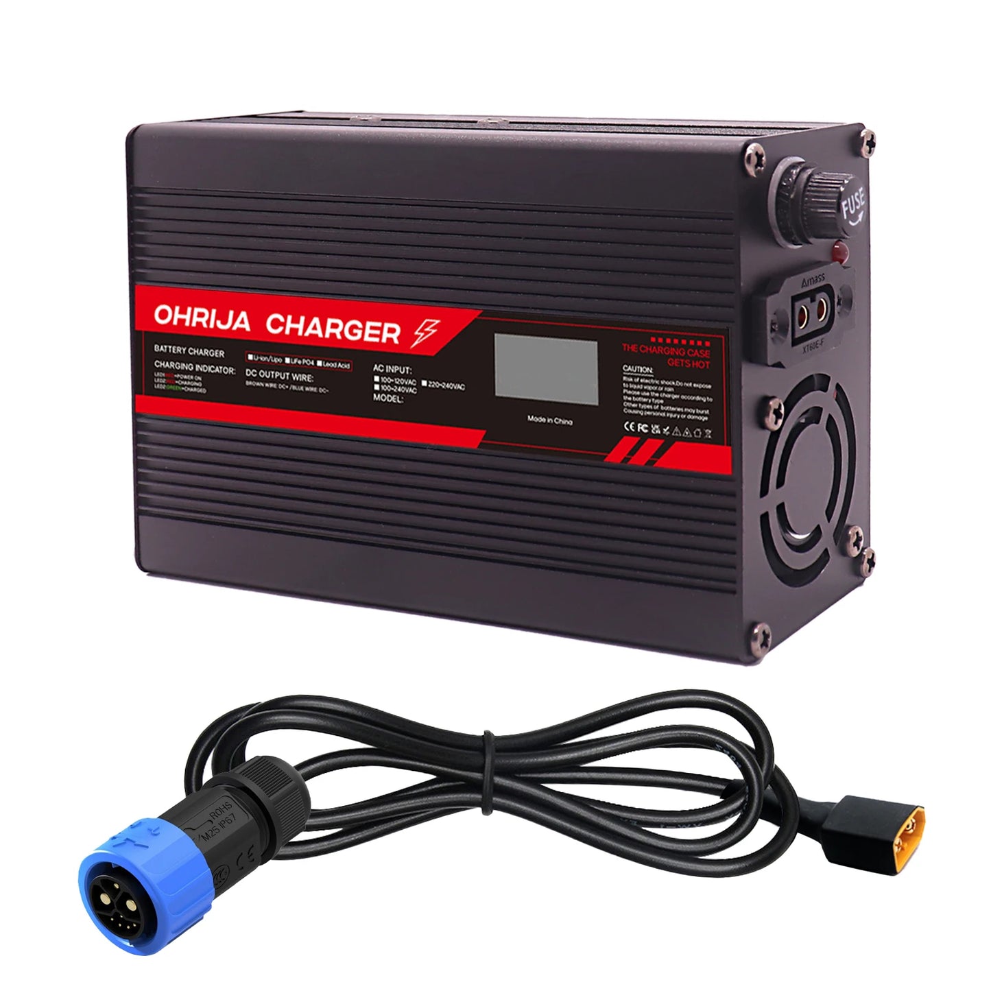 OHRIJA 67.2V 4A Lithium Battery Fast Charger with OLED Display & Interchangeable Connector Fast stabilization with cooling fan