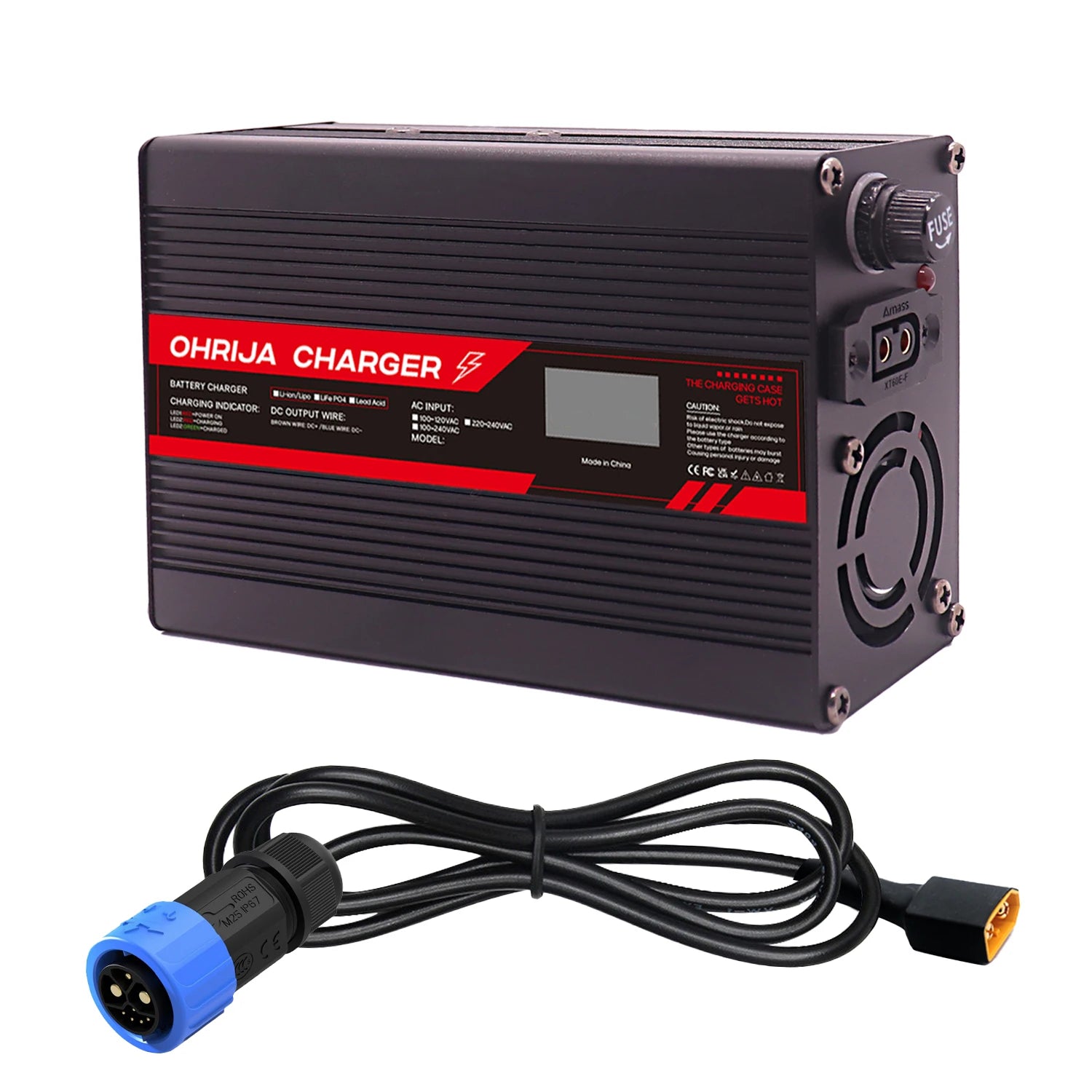 OHRIJA 67.2V 4A Lithium Battery Fast Charger with OLED Display & Interchangeable Connector Fast stabilization with cooling fan