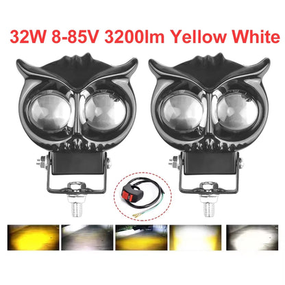 32W Motorcycle Spotlights Led 3200lm Yellow White Owl Four Mode Strobe 8-85V Motorcycle Lamp Universal Moto Headlight Spotlights
