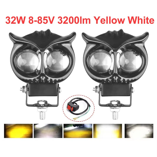 32W Motorcycle Spotlights Led 3200lm Yellow White Owl Four Mode Strobe 8-85V Motorcycle Lamp Universal Moto Headlight Spotlights