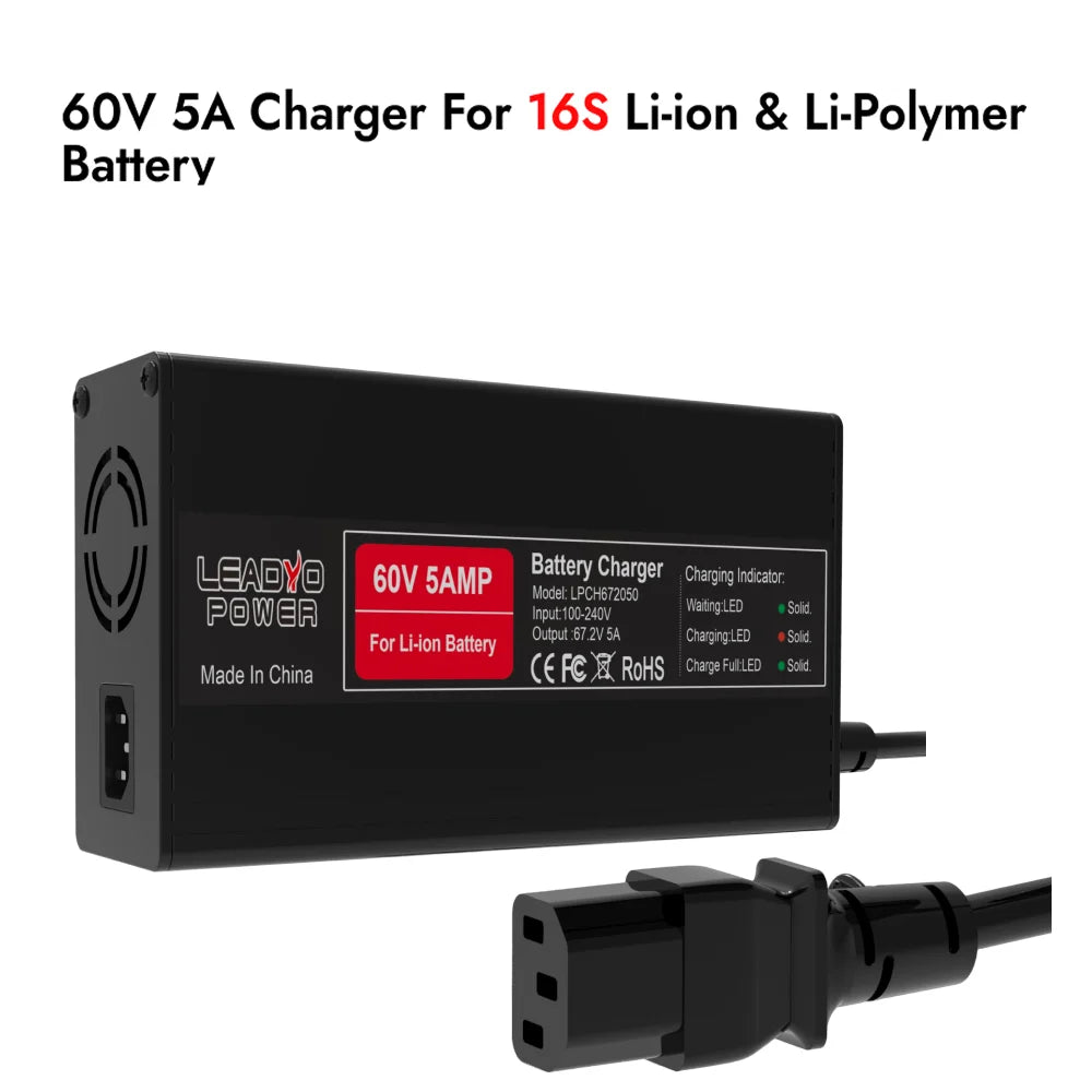 67.2V 5A Battery Charger 16S 60V Lithium ion battery For Electric Motorcycle With IEC Charger Port IEC