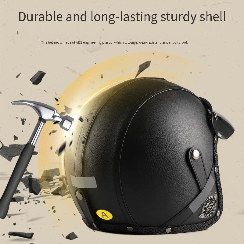 Retro Harley Motorcycle Helmet Quater-Mask in Dark Blue Leather with Copper Mirror for All Seasons