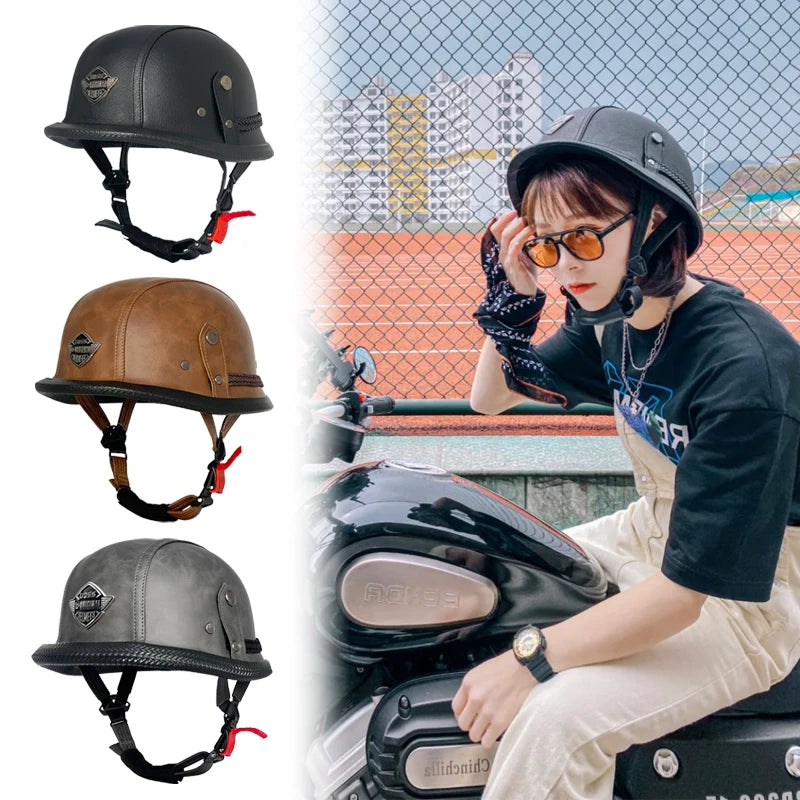 Vintage leather soldier helmet retro half helmet all seasons unisex bicycle cruiser electric scooter helmet
