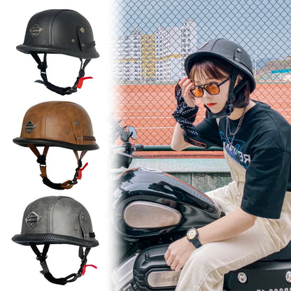 Vintage leather soldier helmet retro half helmet all seasons unisex bicycle cruiser electric scooter helmet