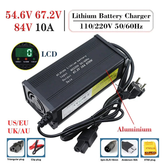 54.6V 67.2V 84V 10A Li-ion Battery Charger With Fan For13S 16S 20S 48V 60V 72V E-motorcycle Charger Fast charging Aluminum Shell
