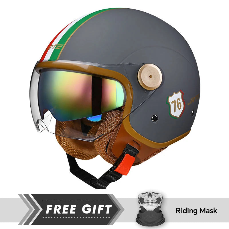 Double Lens Motorcycle Helmets Retro DOT 3/4 Open Half Face Helmet Dual Visor