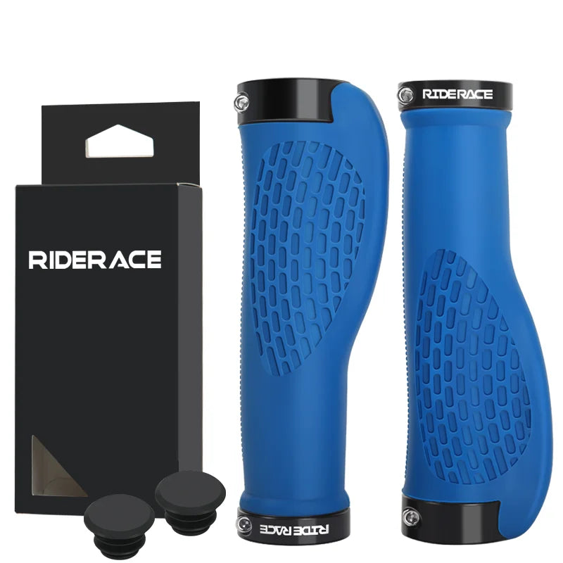 RIDERACE Bicycle Handlebar Grips Dual Lock Mountain Bike Handle Bar Cover Shockproof Non-Slip Ergonomic Cycling Grip Soft Rubber Blue