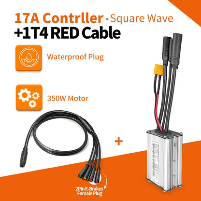 KunTeng Electric Bike Controller 36V 48V XT60 Waterproof Brushless 250W 350W 500W 1000W with 1T4 Cable 2Pin E-Brakes 17A Squarewave1t4R