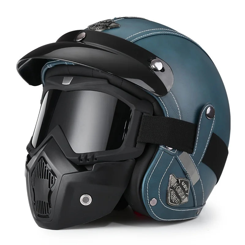 Retro Harley Motorcycle Helmet Quater-Mask in Dark Blue Leather with Copper Mirror for All Seasons 55.lanse.mian China