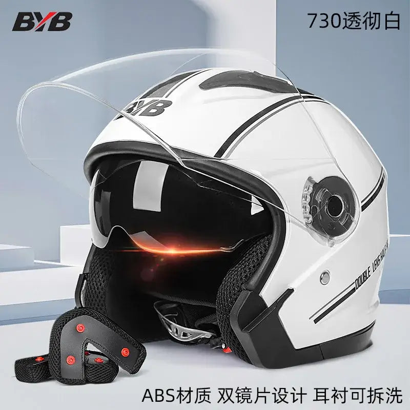 Motorcycle Open Face Helmet For Men And Women Dual Lens Sun Visor Face Shield Top Lightweight Scooter Bike Retro 3/4 Helmet white