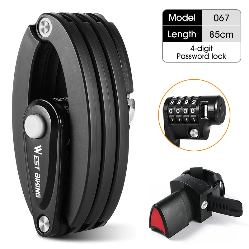 WEST BIKING Foldable Bicycle Lock Anti-theft High Security MTB Road Bike Chain Cable Padlock Durable Portable Cycling Accessory