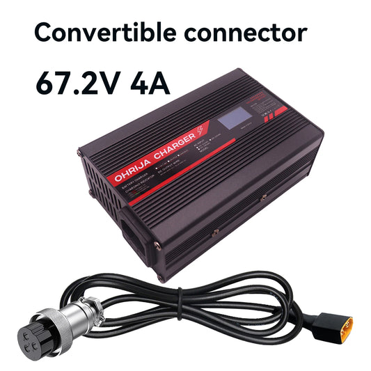 OHRIJA 67.2V 4A Lithium Battery Fast Charger with OLED Display & Interchangeable Connector Fast stabilization with cooling fan