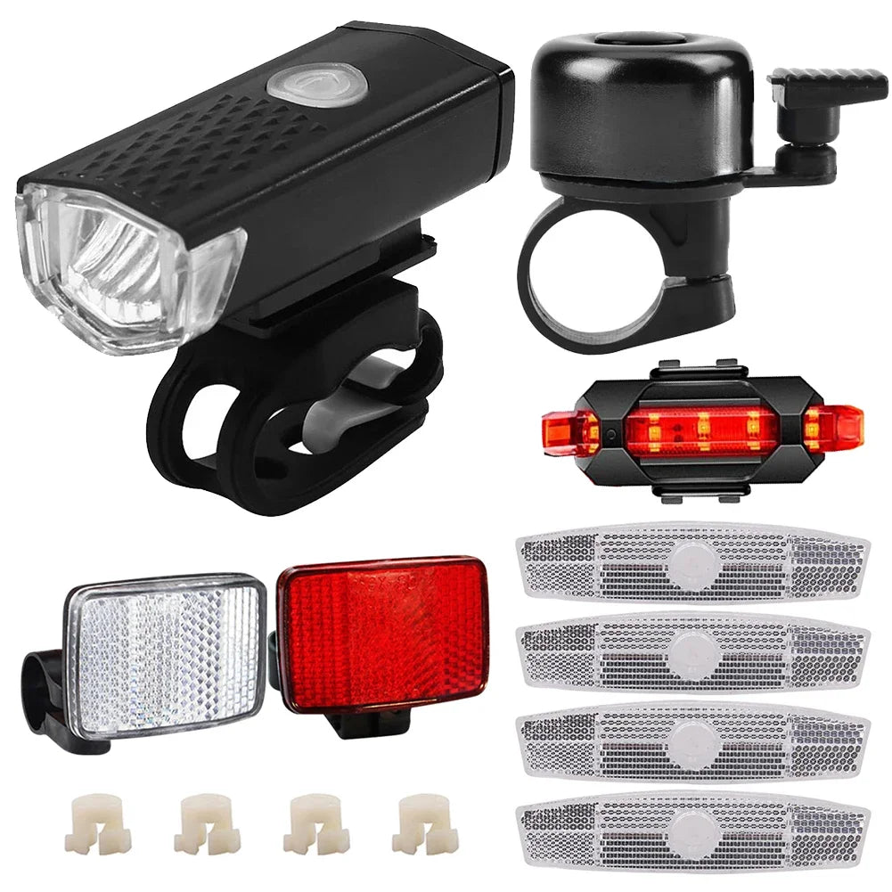 Bike Headlight Taillight Bell Set Bicycle Front Rear Lamp Waterproof Riding Cycling Light USB Charging LED Flashlight Accessorie