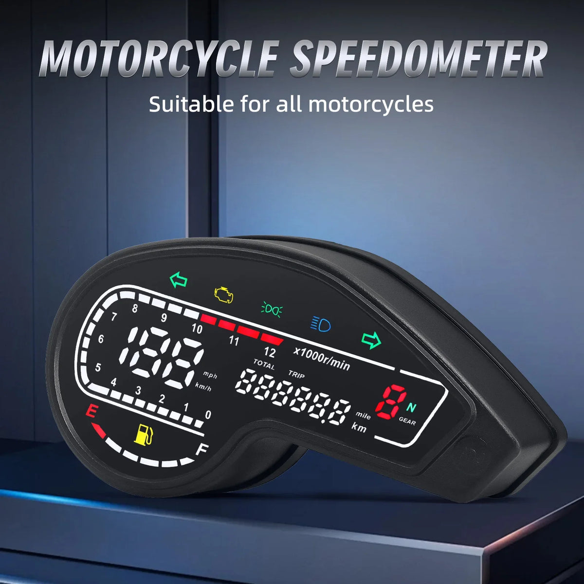 Close-up of digital LCD motorcycle speedometer displaying RPM speed and fuel level for Yamaha