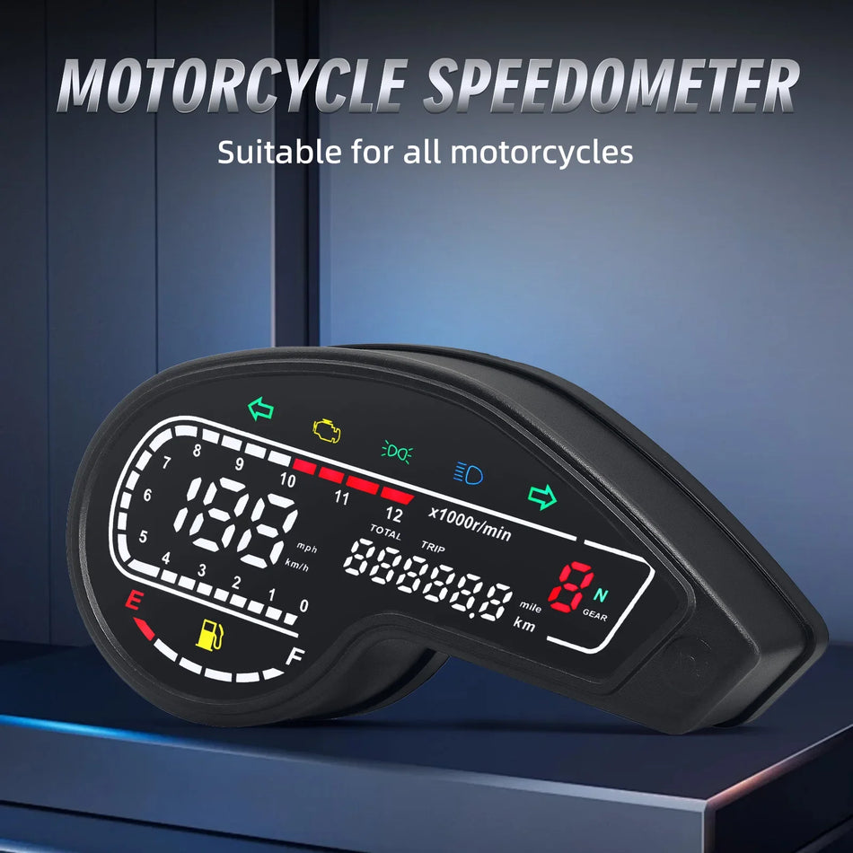 Close-up of digital LCD motorcycle speedometer displaying RPM speed and fuel level for Yamaha