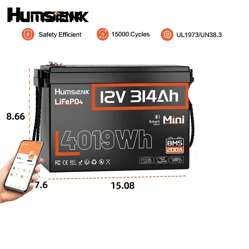 Humsienk 12V 314Ah LiFePO4 Battery, 4019Wh, Bluetooth, 200A BMS, 15000+ Cycles