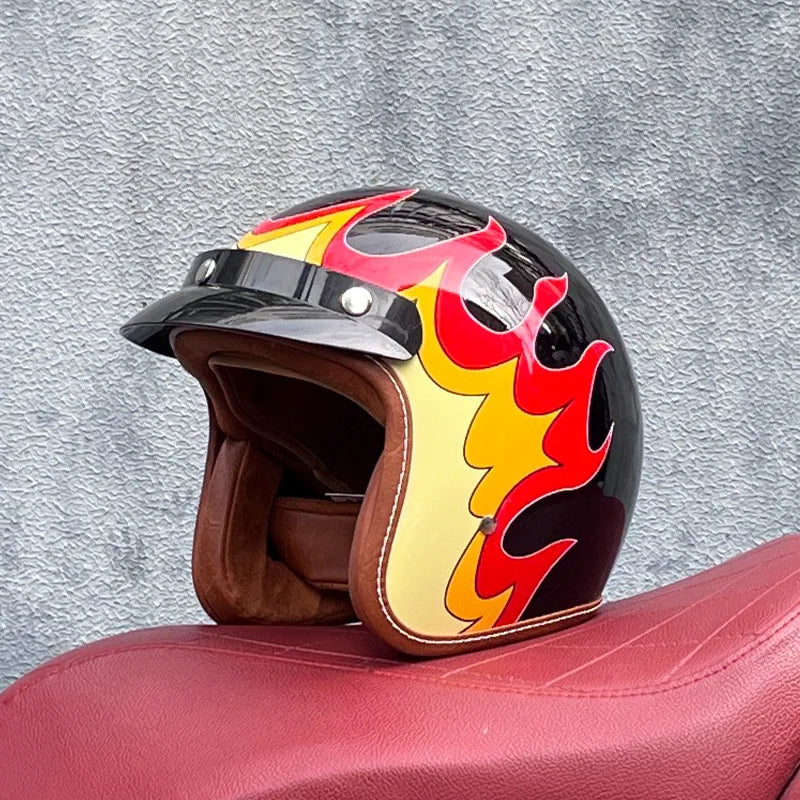 Motorcycle Half Open Face Four Seasons Universal Semi-open Motocross Helmet Black Fire