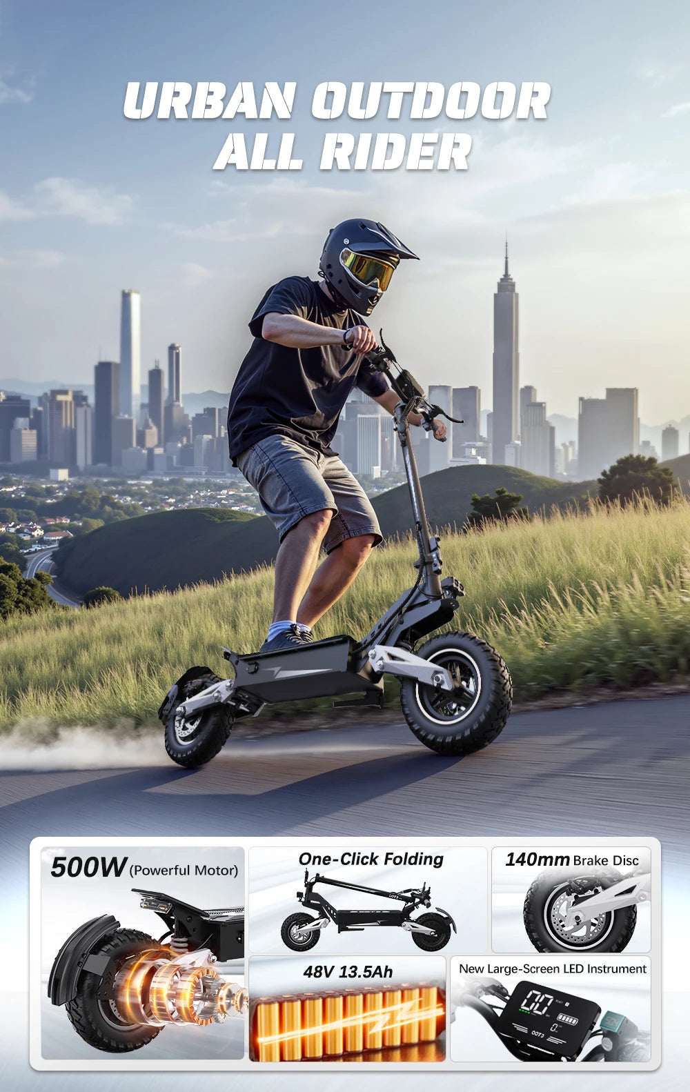   T10 Electric Scooter 900W Peak Motor 48V 13.5Ah Battery 11” Tires Foldable CE Certified E-Scooter