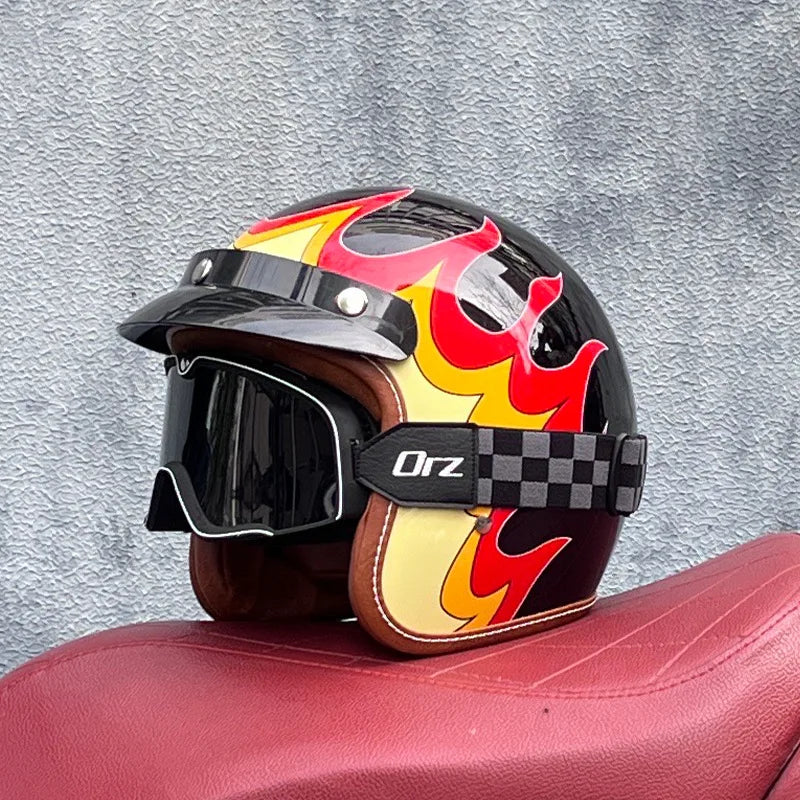 Motorcycle Half Open Face Four Seasons Universal Semi-open Motocross Helmet Black Fire BBG