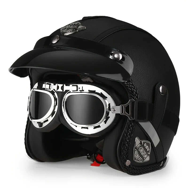 Retro Harley Motorcycle Helmet Quater-Mask in Dark Blue Leather with Copper Mirror for All Seasons 55.heise.yin China