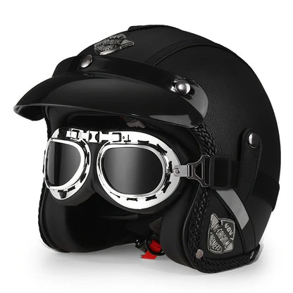 Retro Harley Motorcycle Helmet Quater-Mask in Dark Blue Leather with Copper Mirror for All Seasons 55.heise.yin China