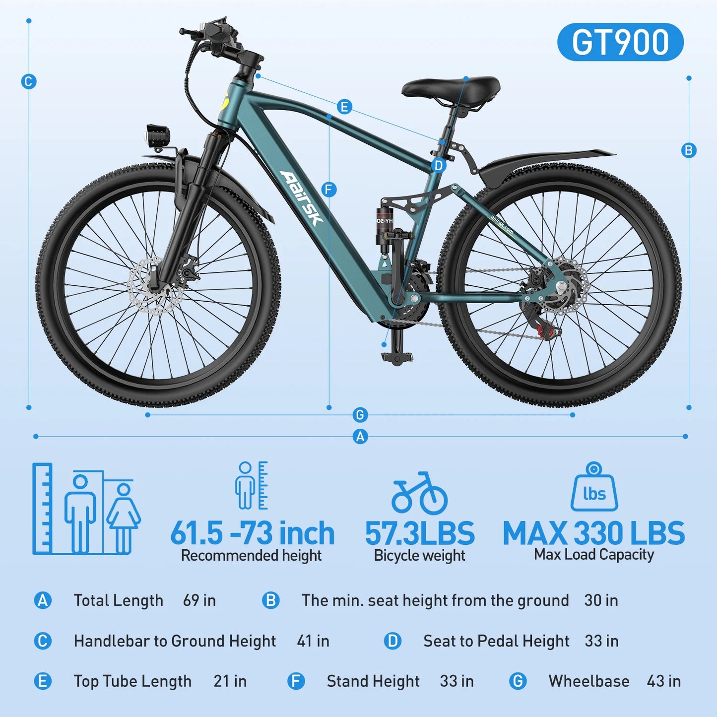 GT900 Electric Bike, Cyan, 24/26 Inch Rim, 750W Peak Motor, 28MPH, Dual Suspension, 13Ah/20Ah Removable Battery