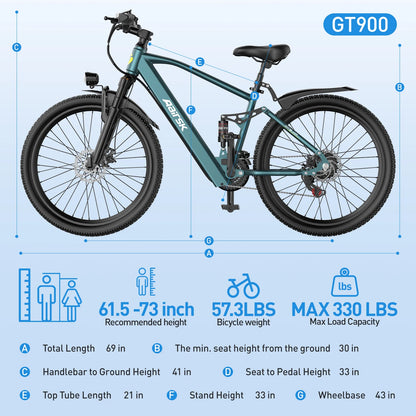 GT900 Electric Bike, Cyan, 24/26 Inch Rim, 750W Peak Motor, 28MPH, Dual Suspension, 13Ah/20Ah Removable Battery